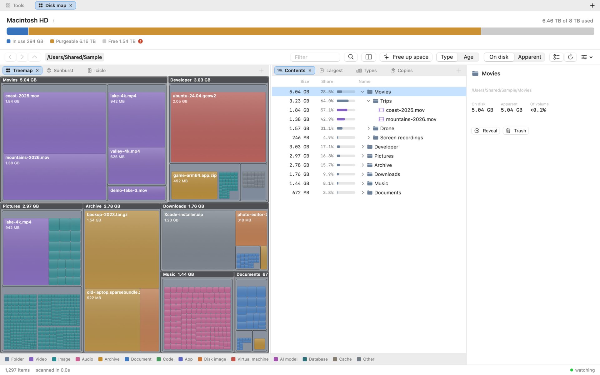 Disk Map: the volume's capacity bar across the top, a treemap of a folder on the left, the same folder as a tree table on the right