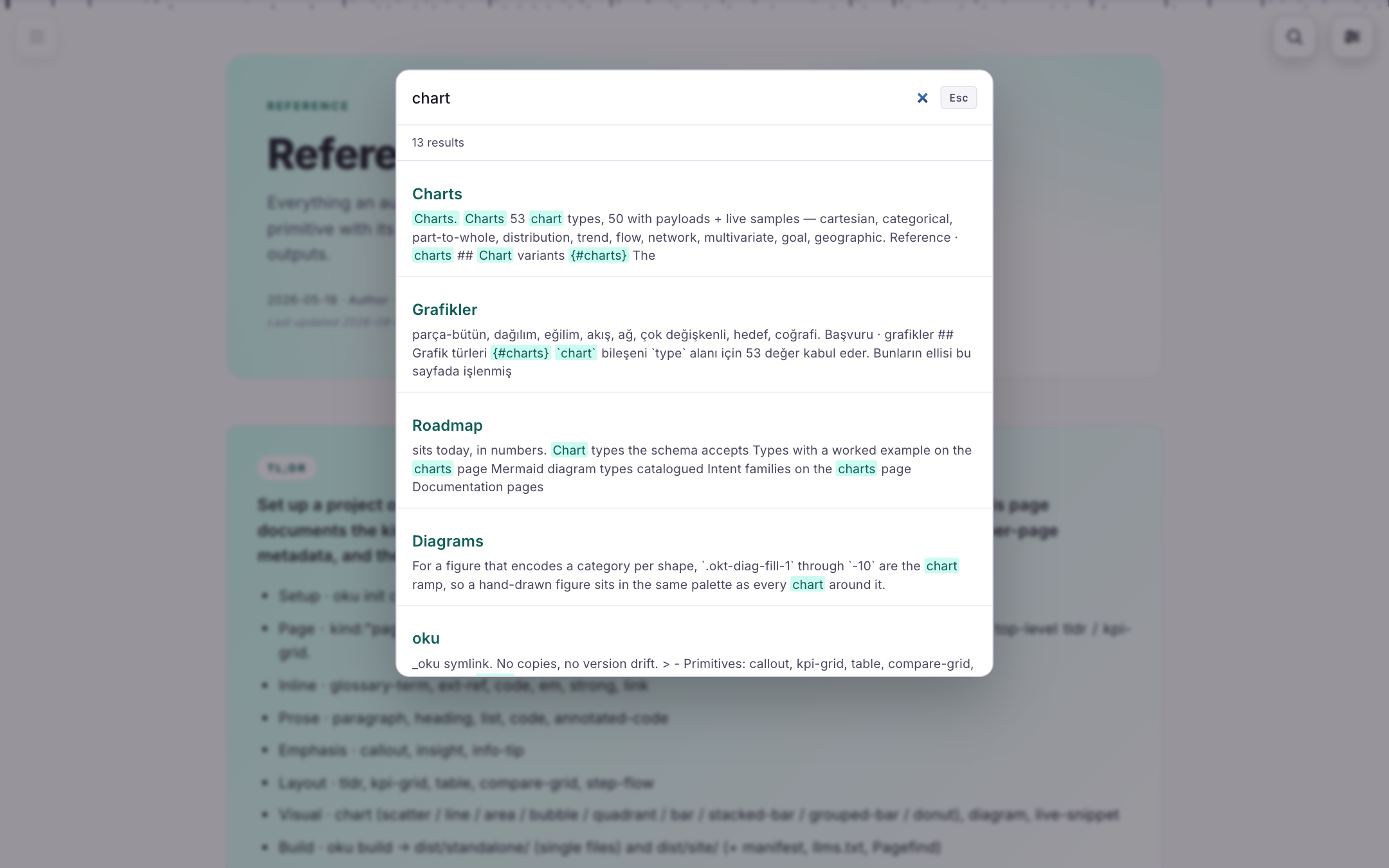 Full-text search open over the reference page, thirteen results for “chart” across English and Turkish pages, matches highlighted