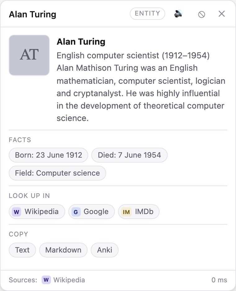 Card for "Alan Turing": a Wikipedia summary with birth and death dates and field