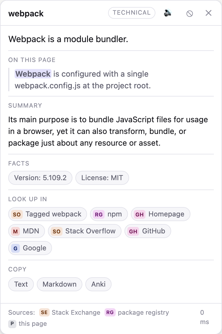 Card for "webpack": the page's own definition, a summary, facts from the package registry, where to look it up