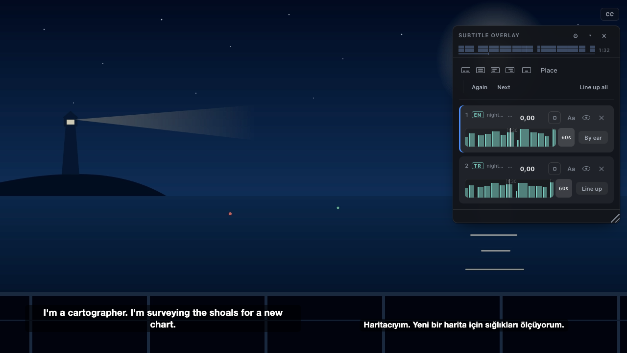 The control panel open at the top right: arrangement buttons, and a card for each subtitle with its offset, a timeline of its cues and buttons to line it up