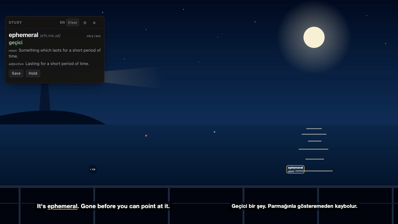 A night scene with an English and a Turkish subtitle along the bottom; the rare word "ephemeral" is underlined in the English line, and a study box at the top left gives its pronunciation, the Turkish "geçici" and two senses