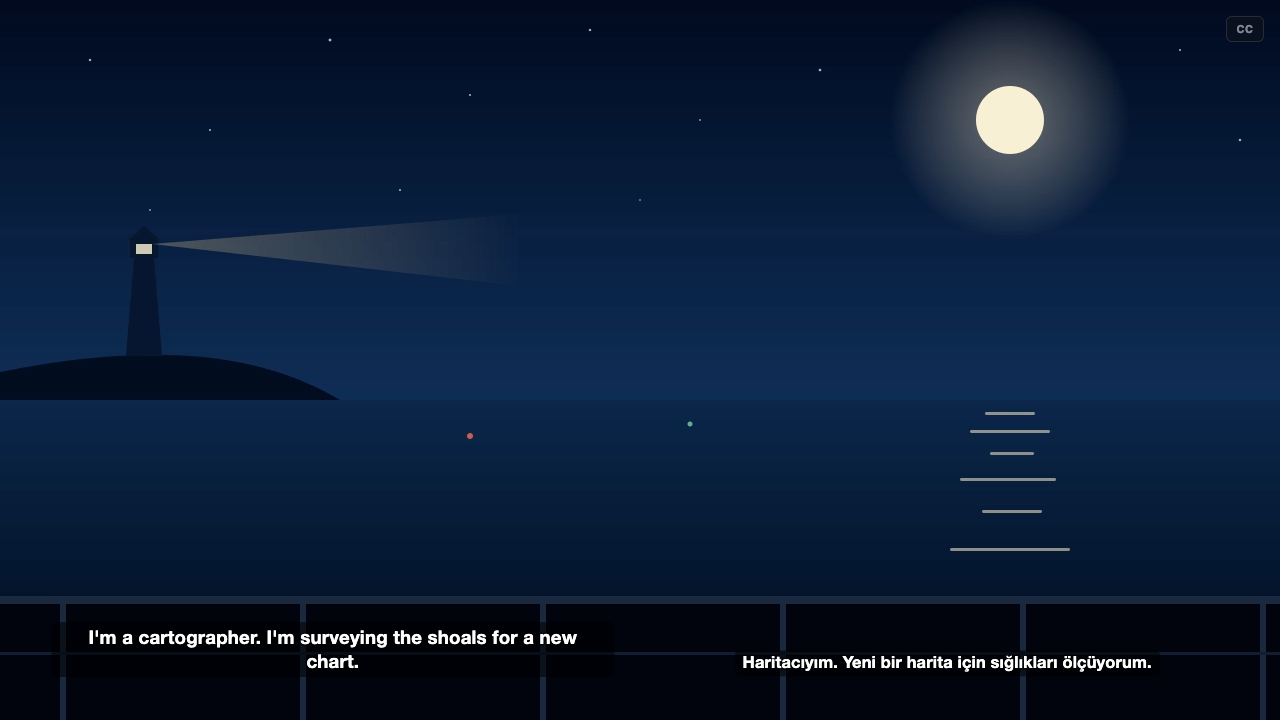 The same night scene with an English line on the left and its Turkish translation on the right, along the bottom