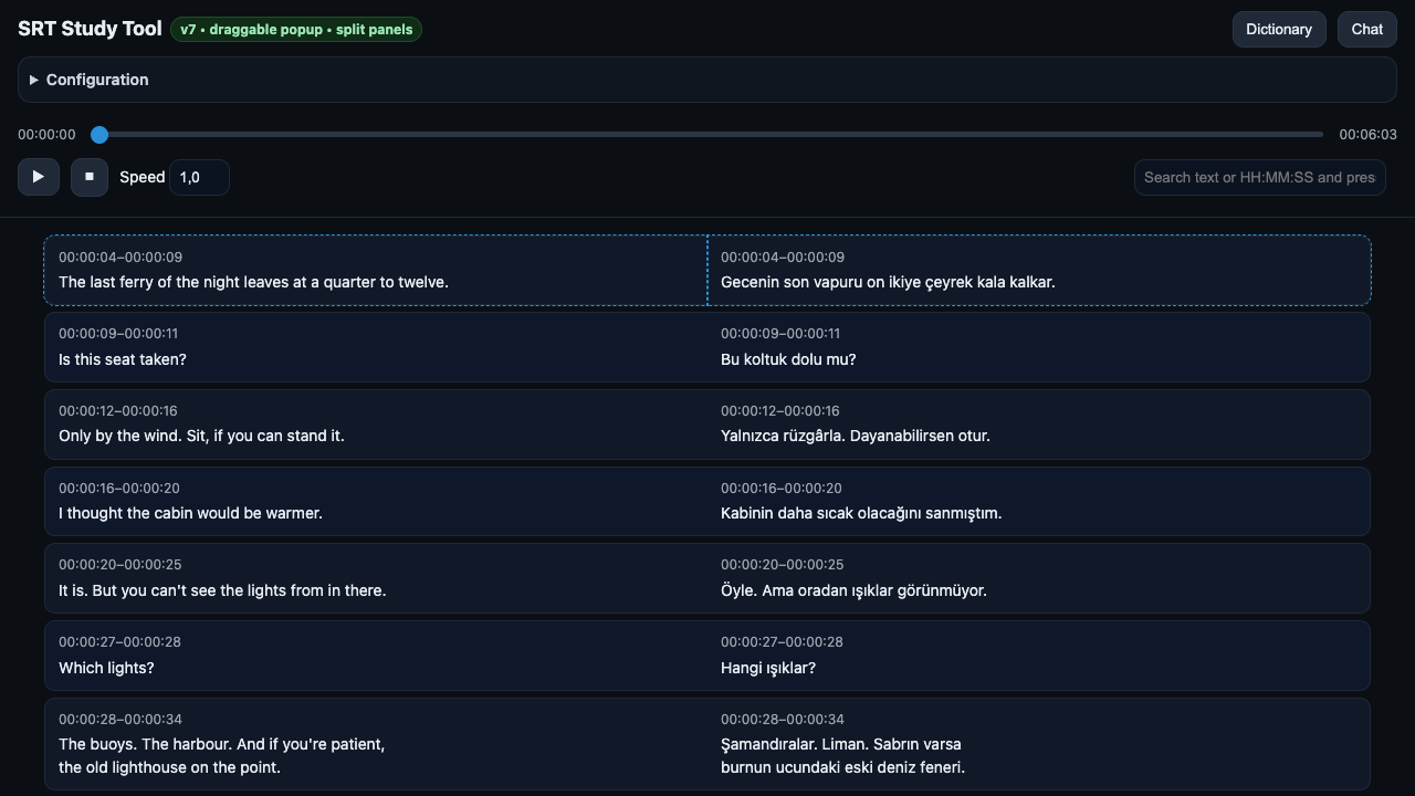 The viewer page: a playback bar and rows of timed English lines beside their Turkish translations