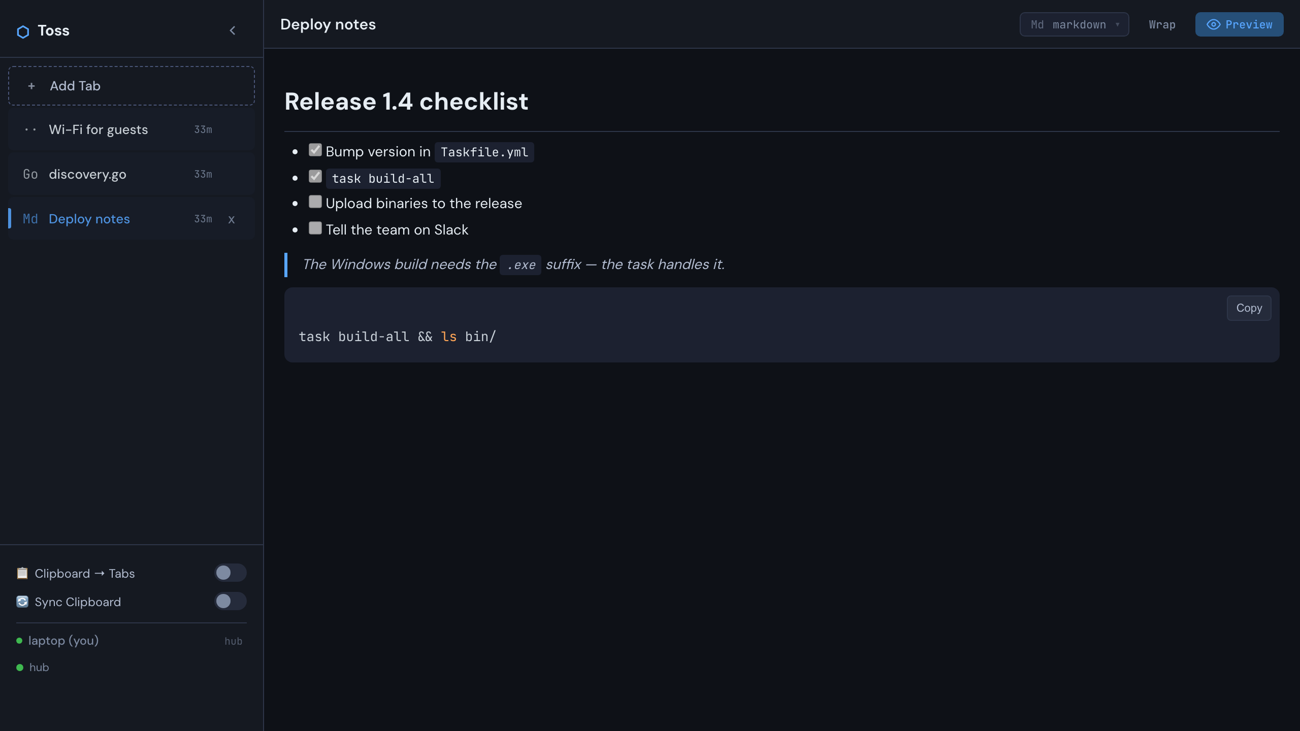 Toss: a sidebar of panes on the left, a rendered markdown checklist on the right